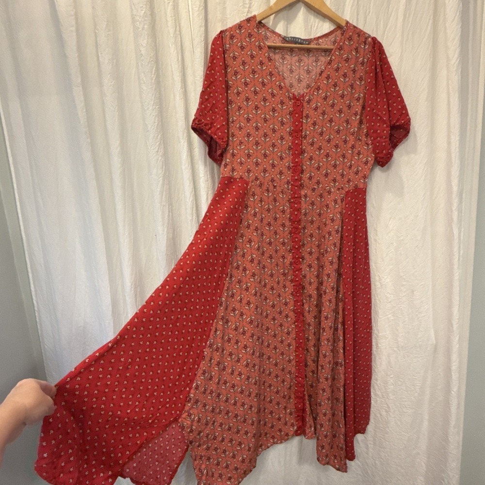 Sharagano Mixed Print Ditsy Floral Button Down Dress Size 16 Boho Asymmetrical - Picture 3 of 12